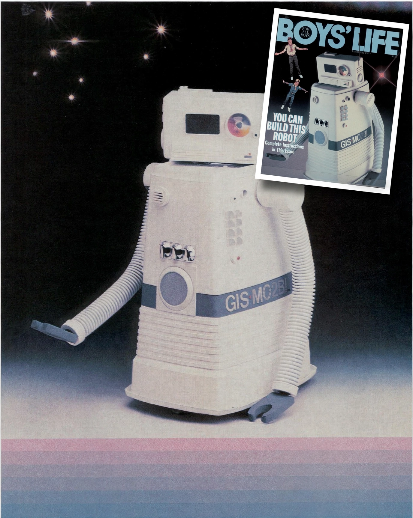 Composite: the full-page GIS-MO2BL robot photograph from page 19 as the base image, with a smaller, slightly tilted inset of the full Boys' Life February 1987 cover in the upper right