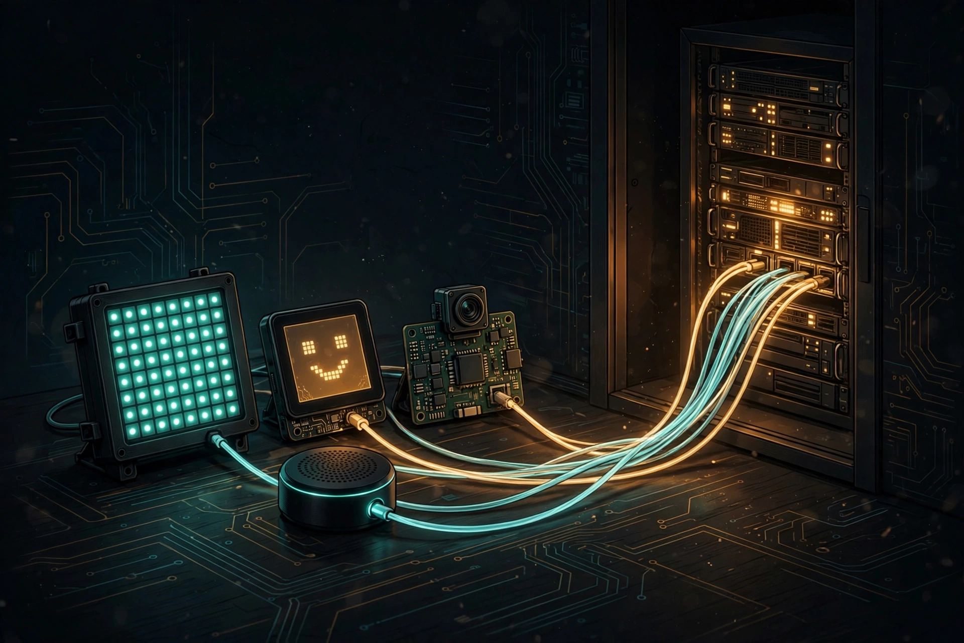 Illustration: small gadgets on a desk, cables of light running from each into a glowing home server rack
