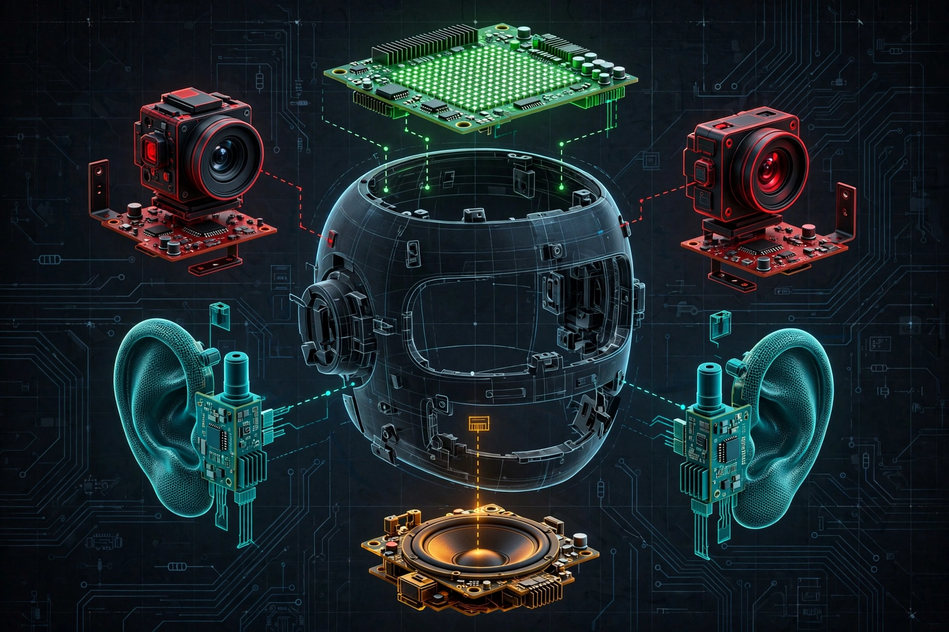 Illustration: a robot head shell in exploded view, camera eyes, microphone ears, speaker mouth and LED matrix floating around it