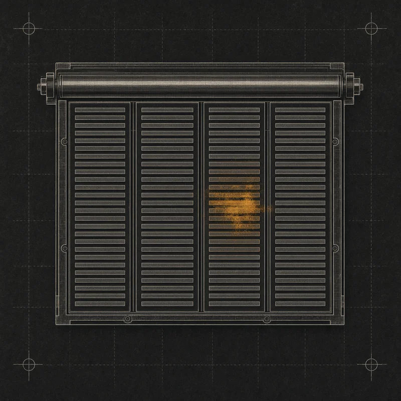 Broadside schematic — a newspaper printing plate with column grids and a single amber smudge of ink