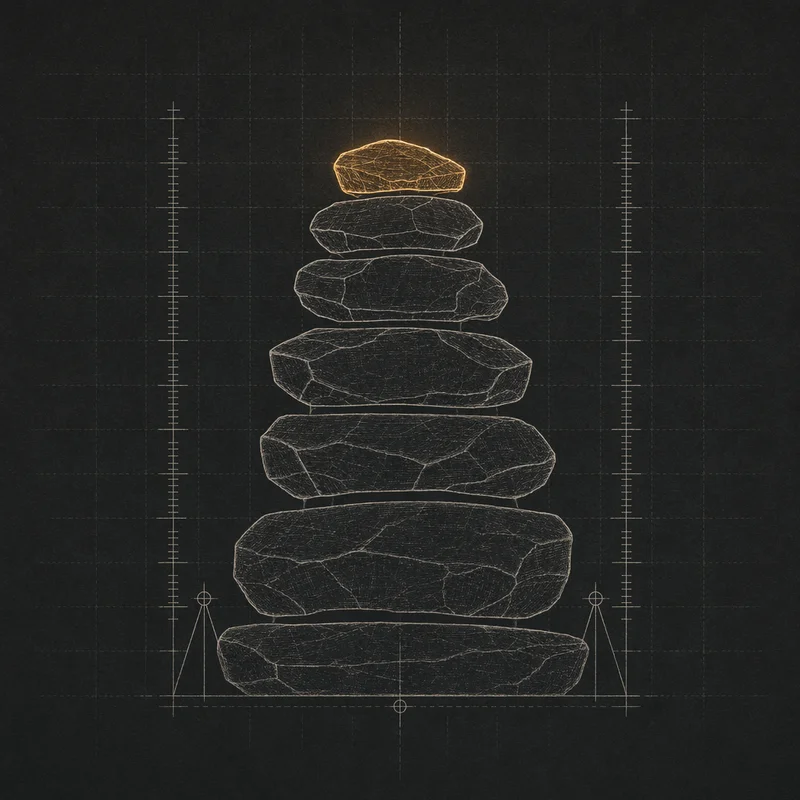 Cairn schematic — a stacked stone cairn with six stones, the topmost one glowing amber