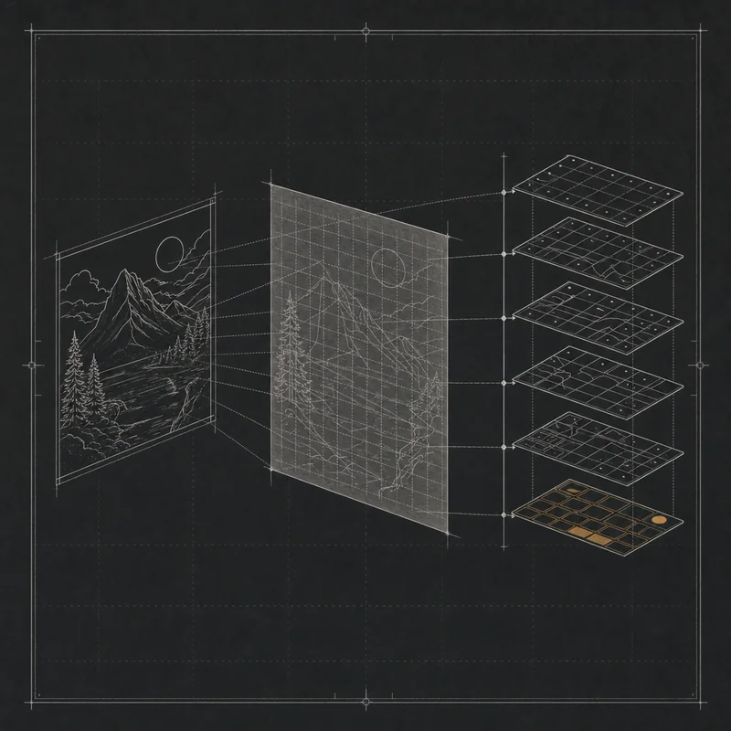 Datasheet schematic of a screenshot being read by a vision model and traced into structured aesthetic tokens