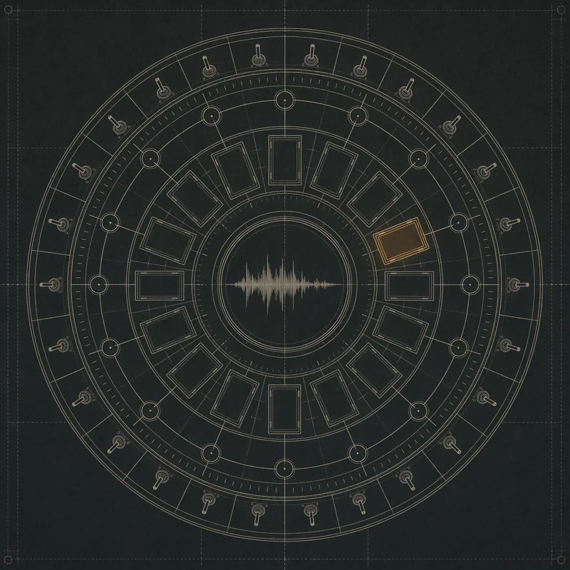 Desk schematic — a circular operator console with concentric rings of controls and a single amber indicator