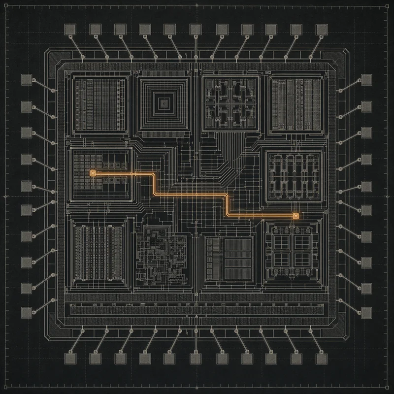 Forge schematic — an overhead cross-section of a processor die with amber traces