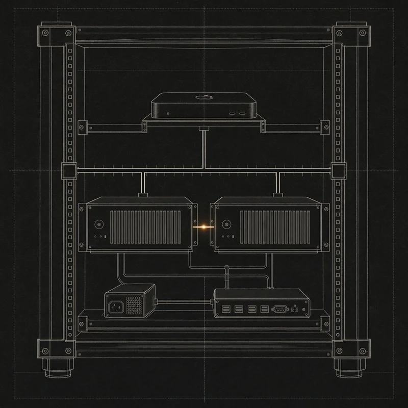 Homelab schematic — three rack chassis stacked and linked by a single amber Thunderbolt bus