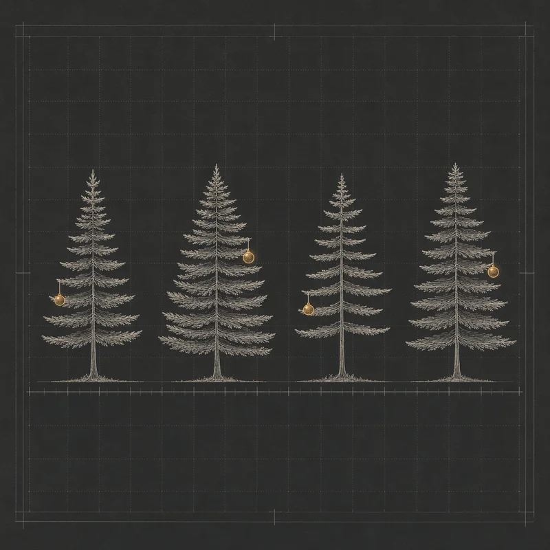 Jingle Family schematic — four pine trees with amber ornaments
