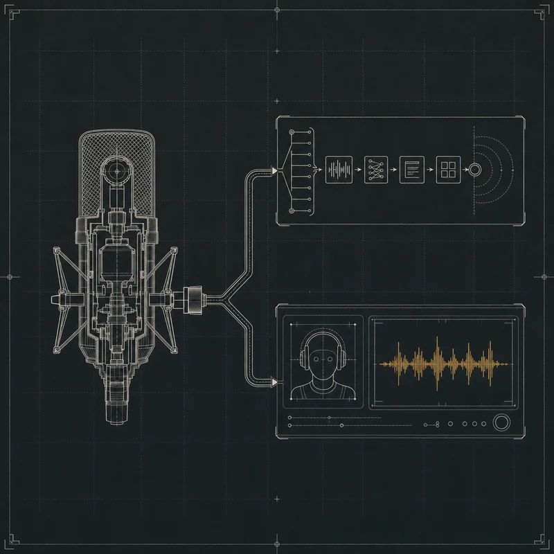 Datasheet schematic of a podcast pipeline splitting into a studio workflow and a live second-screen co-host