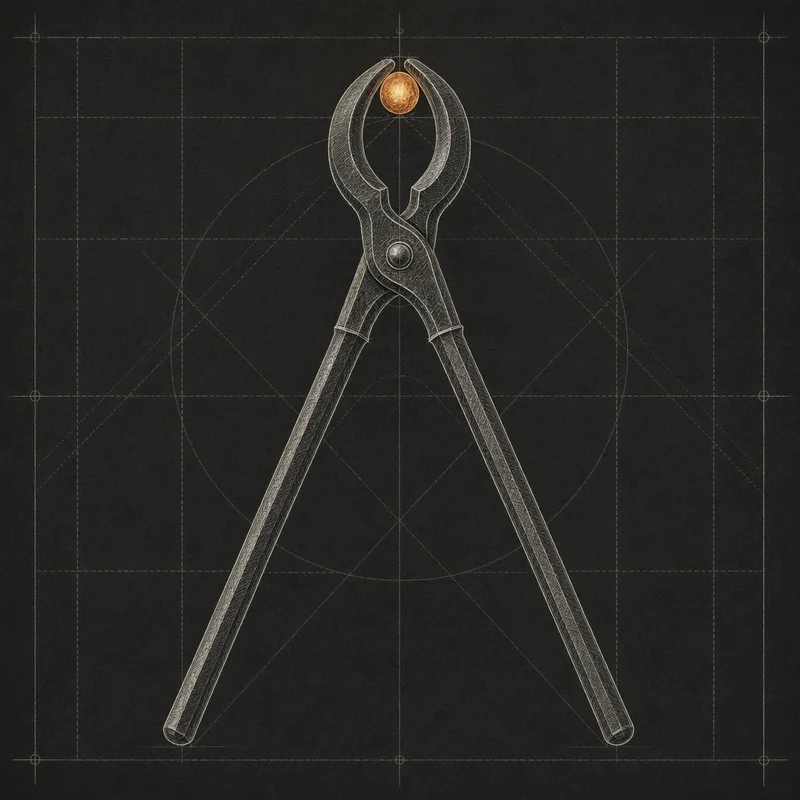 Tongs schematic — a pair of blacksmithing tongs gripping a glowing amber ember