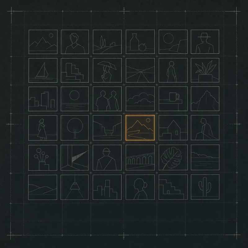 Whittled schematic — a grid of faded photos with one highlighted in amber